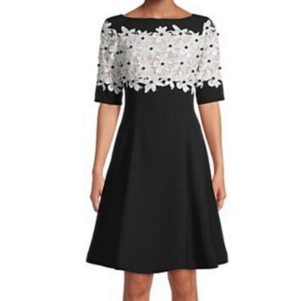 Shani SS cocktail Aline dress black/lace over nude bodice. Sz12. NWT. Lined.